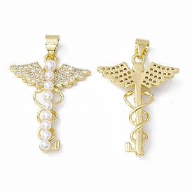 Rack Plating Brass Micro Pave Clear Cubic Zirconia Pendants, with Acrylic Bead, Long-Lasting Plated, Cadmium Free & Lead Free, Key with Wing