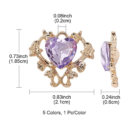 5Pcs 5 Colors Glass Rhinestone Pendants, with Golden Alloy Finding, Heart Charms