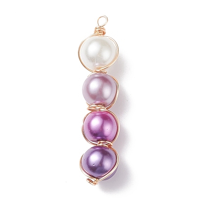 Pendentifs perles rondes en perles de verre, avec fil de cuivre doré enroulé, charme de la colonne