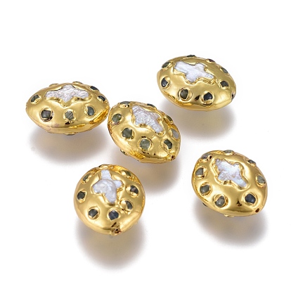 Culture des perles perles d'eau douce naturelles, avec chrysoprase naturelle et bordure en laiton doré, ovale avec croix