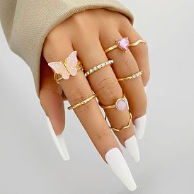 8-Piece Set of Elegant Acrylic Butterfly Rings with Diamonds - Perfect Gift for Women's Fashion Jewelry Collection