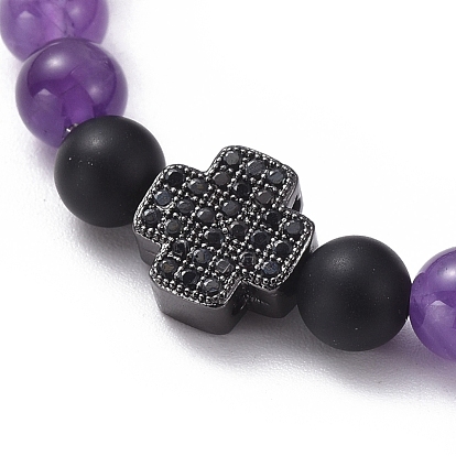 Pierre naturelle bracelets perles extensibles, avec des perles d'agate noire naturelle (teintes) et des pendentifs en laiton micro pavé de zircone cubique, croix