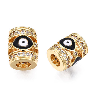 Brass Micro Pave Cubic Zirconia Beads, with Enamel, Real 18K Gold Plated, Column with Evil Eye, Nickel Free