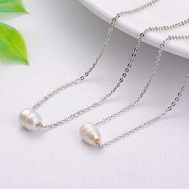 Natural Freshwater Pearl Pendant Necklaces, with Brass Cable Chain, 17.9 inch 