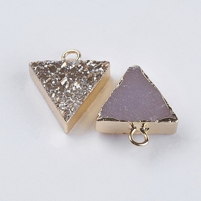 Natural Druzy Agate Charms, Rainbow Plated, with Golden Plated Brass Findings, Triangle