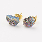 Electroplate Natural Druzy Agate Stud Earrings, with Brass Findings, Nuggets, Golden