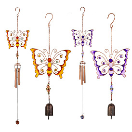 Carillón de viento de esmalte de metal de mariposa hueca, con tubo y campana de vidrio y aluminio, adornos colgantes
