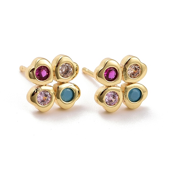 Clover Brass Micro Pave Colorful Cubic Zirconia Ear Studs, Lead Free & Cadmium Free