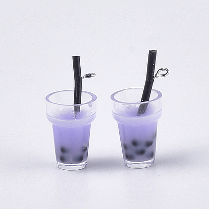 Plastic Cup Pendants, with Resin Inside and Iron Findings, Imitation Bubble Tea/Boba Milk Tea