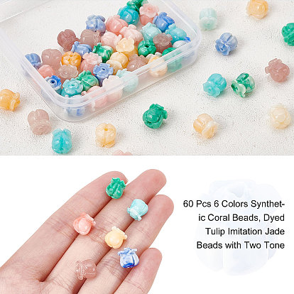 Nbeads 60pcs 6 couleurs perles de corail synthétiques, teint, deux tons, jade d'imitation, tulipe