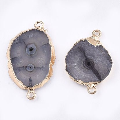 Electroplate Natural Druzy Agate Links Connectors, with Iron Findings, Dyed, Golden