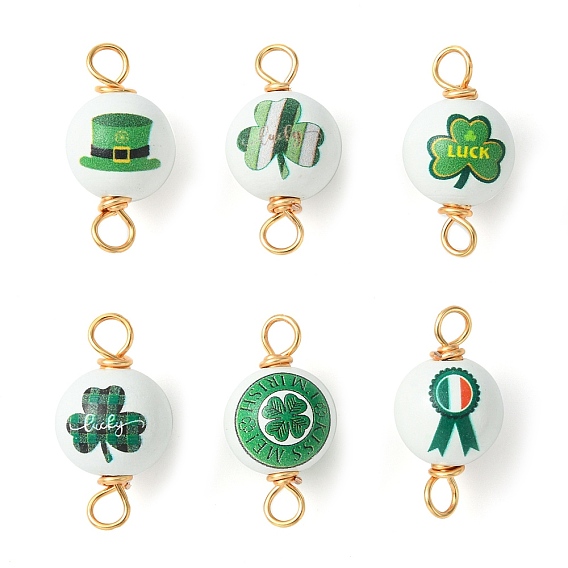 Saint Patrick's Day Printed Wood Connector Charms, Golden Tone Copper Wire Wrapped Round Links