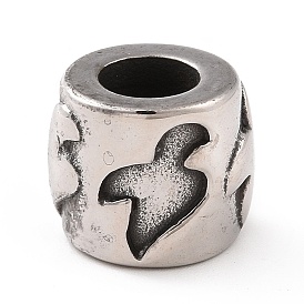 304 Stainless Steel European Beads, Large Hole Beads, Column with Bird