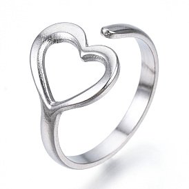 304 Stainless Steel Heart Open Cuff Ring, Hollow Chunky Ring for Women