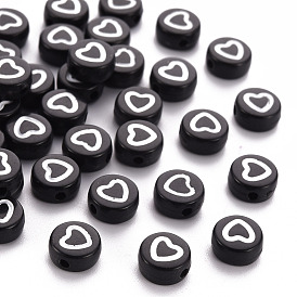Opaque Black Acrylic Beads, Flat Round with White Heart