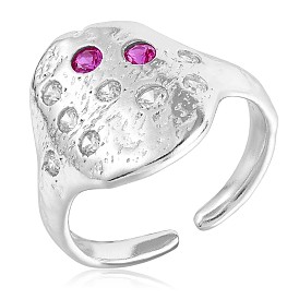 925 Sterling Silver Twist Oval Open Cuff Ring, Deep Pink Cubic Zirconia Chunky Ring for Women