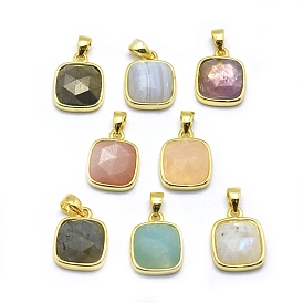 Natural Gemstone Pendants, with Golden Tone Brass Findings, Square, Faceted