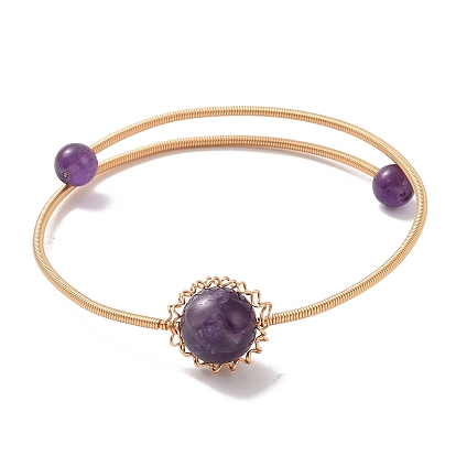 Natural Mixed Gemstone Round Beaded Cuff Bangle, Golden Adjustable Copper Wire Torque Bangle