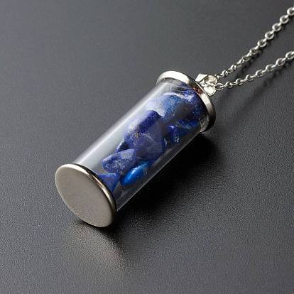 Botella de deseo de aleación y vidrio con collares pendientes de piedras preciosas mezcladas naturales, con cadena de cable de acero inoxidable 304, columna