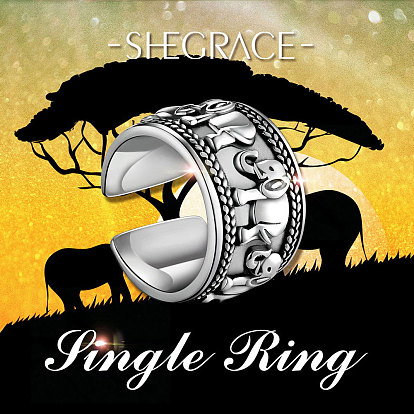Shegrace 925 bagues à large bande en argent sterling de Thaïlande, anneaux de manchette, anneaux ouverts, éléphant