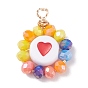Pendentifs de perles de verre électrolytique, avec fil de cuivre et perles acryliques, plat et circulaire avec coeur
