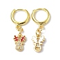 Clear Cubic Zirconia Christmas Elk Dangle Hoop Earrings with Enamel, Rack Plating Brass Jewelry for Women