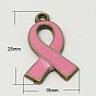 Pendentifs en alliage d'émail de ruban de sensibilisation rose de cancer du sein d'octobre, 25x15x2mm, Trou: 2mm