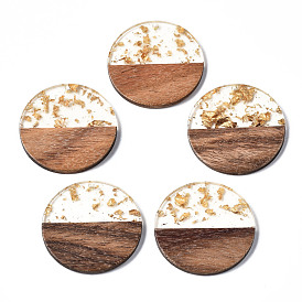 Transparent Resin & Walnut Wood Pendants, with Gold Foil, Two Tone, Flat Round