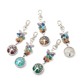 Gemstone Chips Angel Pendant Decorations, Tree of Life Alloy Lobster Clasp Charms, Clip-on Charms, for Keychain, Purse, Backpack Ornament