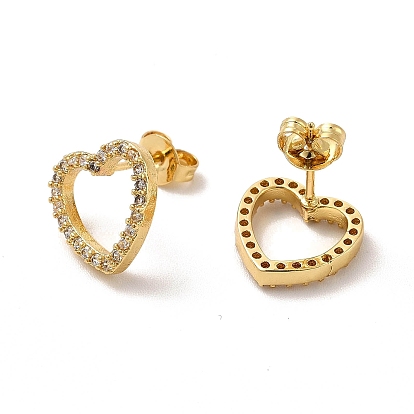 Cubic Zirconia Hollow Out Heart Stud Earrings, Rack Plating Brass Jewelry for Women, Cadmium Free & Lead Free