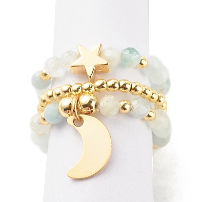 3Pcs 3 Style Natural Gemstone & Synthetic Hematite Stretch Rings Set, Moon and Brass Star Charm Rings for Women, Golden