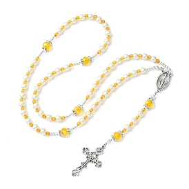 Collar de cuentas de rosario de perlas de vidrio, Collar con colgante de cruz y Virgen María de aleación