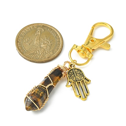 Wire Wrapped Gemstone Bullet Pendant Decoration, with Alloy Swivel Lobster Claw Clasps and Elephant/Tree/Hamsa Hand/Star Pendants