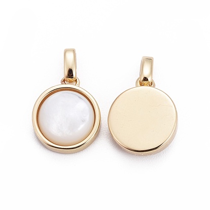 Natural White Shell Mother of Pearl Shell Pendants, with Brass Findings, Flat Round