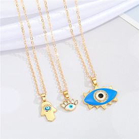 Turkish Blue Eye Pendant Necklace with Oil Drop Hand Charm for Women