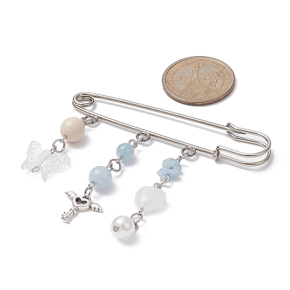 Natural Mixed Gemstone & Butterfly Charms Safety Pin Brooch, Alloy Lapel Pin for Sweater Clasp Pants Waist Extender