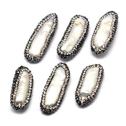 Perles de perles de culture d'eau douce naturelles en forme de larme, avec argile polymère strass, 18~30x10~15x5~6mm, Trou: 1mm
