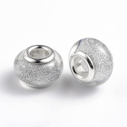  Perles européennes en résine de grand trou, avec couleur argent plaqué doubles noyaux de cuivre, rondelle, 14x9mm, Trou: 5mm
