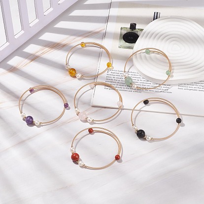 Bracelet en perles rondes avec pierres précieuses naturelles et perles, bracelet torque en laiton pour femme, or