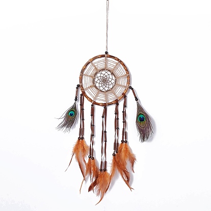 Native Style Bamboo Ring Woven Net/Web with Feather Wall Hanging Decoration, with ABS Beads, for Home Offices Amulet Ornament
