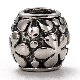 304 Stainless Steel European Beads, Large Hole Beads, Barrel with Flower