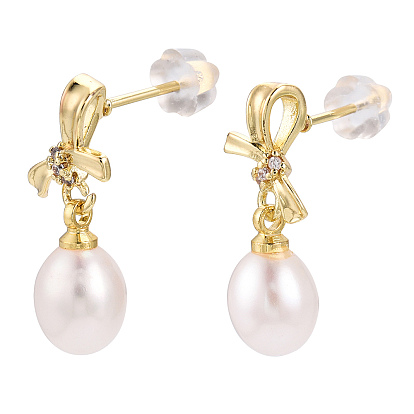 Natural Pearl & Cubic Zirconia Bowknot Dangle Stud Earrings, Brass Earrings with 925 Sterling Silver Pins, Cadmium Free & Nickel Free & Lead Free
