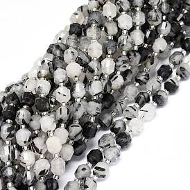 Natural Tourmalinated Quartz/Black Rutilated Quartz Beads Strands, with Seed Beads, Faceted, Bicone, Double Terminated Point Prism Beads