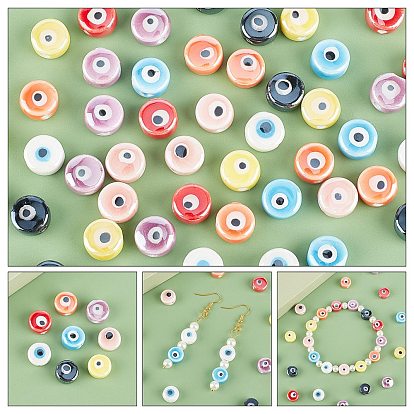 Pandahall elite 64pcs 8 couleurs perles de porcelaine faites à la main, porcelaine émaillée lumineux, rond et plat avec des mauvais œil