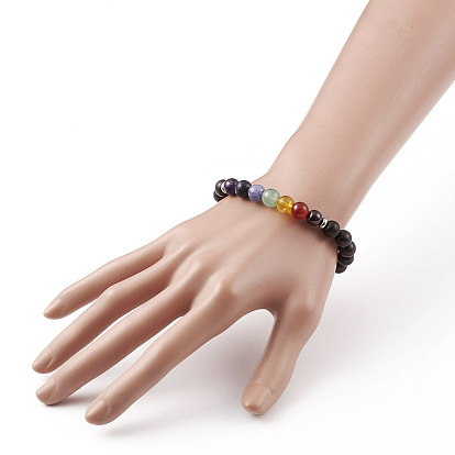 Chakra bijoux, bracelets extensibles en perles de bois naturel, avec des perles de pierres précieuses naturelles et 304 des perles d'espacement en acier inoxydable, ronde
