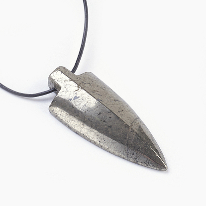 Adjustable Natural Pyrite Pendant Necklaces, with Cowhide Leather Cord, Arrows