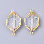 Natural Quartz Crystal Links/Connectors, Wire Wrapped Links, with Golden Tone Brass Wires, Hexagon