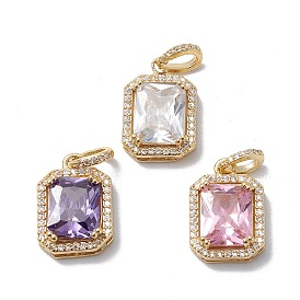 Rack Plating Brass Micro Pave Cubic Zirconia Pendants, Long-Lasting Plated, Cadmium Free & Lead Free, Real 18K Gold Plated, Rectangle Octagon Charm