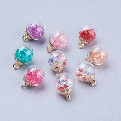 Glass Ball Pendants, with Rhinestone and CCB Plastic Findings, Golden