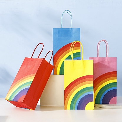 Sacs en papier kraft à motif arc-en-ciel, avec une poignée, sacs-cadeaux, sacs à provisions, rectangle